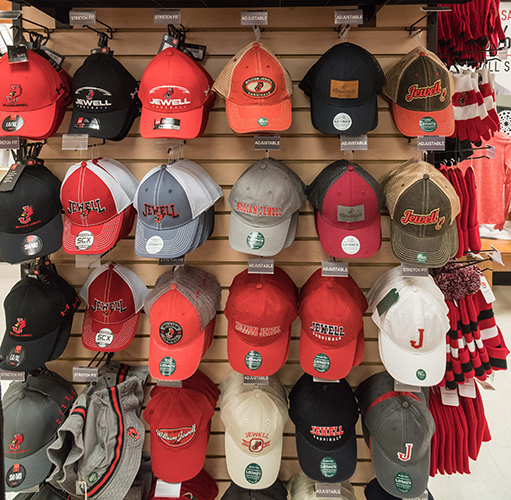 Hats on display at Jewell Bookstore